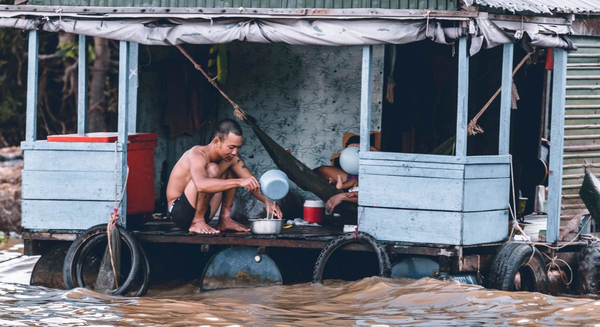 people stuck in flooded area