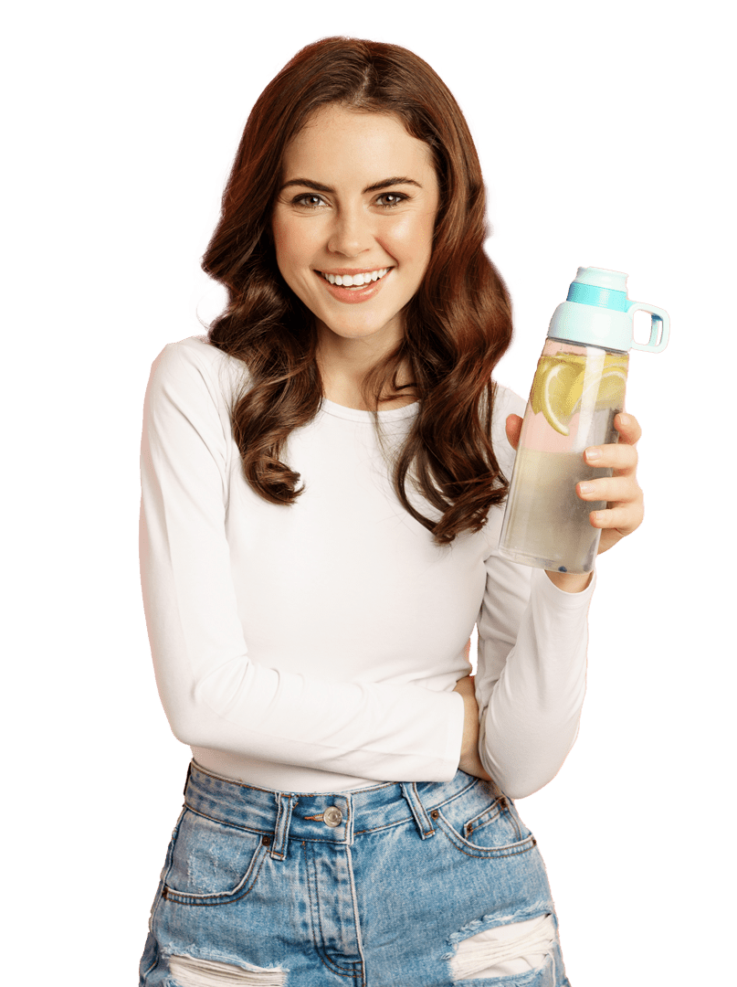 woman holding a reuseable bottled water
