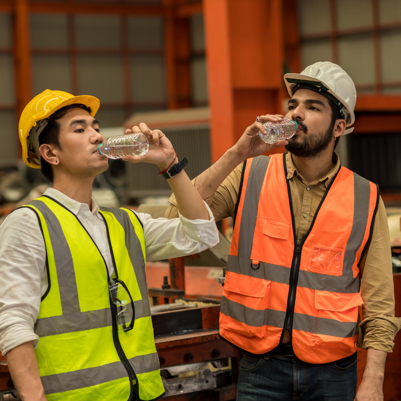 Workers drinking water in factory site