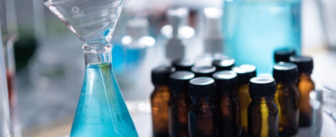Pharmaceutical lab chemicals in beakers