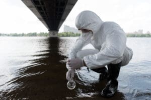 scientists testing the river water under a bridge.